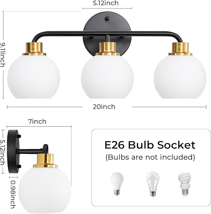 3 Light Bathroom Vanity Light, Black and Gold Bathroom Light Fixtures | with Milk Glass Shade Modern Wall Sconces Lighting Bath Wall Lights Lamp for Mirror Kitchen Living Room Bedroom Hallway