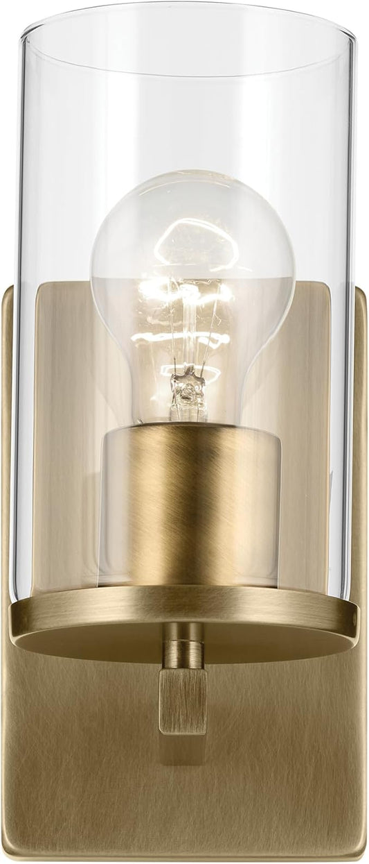Crosby 4.5" 1-Light Wall Sconce with Clear Glass in Natural Brass, for Bathroom, Powder Room, Hallway, Kitchen, Bedroom, Fireplace, (4.5" x 9.25"), 45495NBRCLR