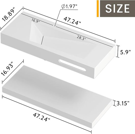 QJ&XY Resin Bathroom Sink 48" Wall Mounted V-Shaped White Basin with Towel Rack, Floating Vanity Sink in Soft-Touch Finish (Double Tier)
