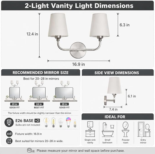 Bathroom Vanity Light Brushed Nickel Bathroom Lighting Fixtures Over Mirror | 2-Light Bathroom Light Fixtures with Flared White Fabric Shade, E26 Socket (ETL Listed)
