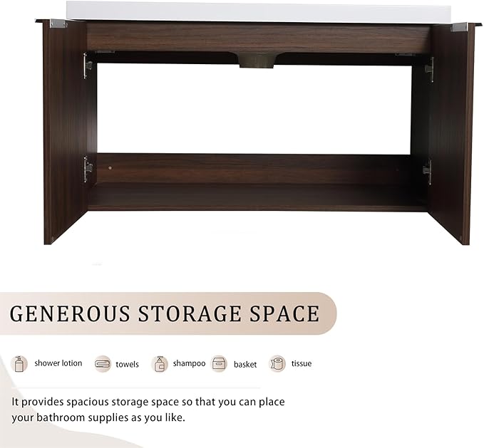 36-Inch Wall Mount Bathroom Vanity With Sink Combo for Home and Company - Modern Floating Walnut Cabinet With Resin Countertop, Double Doors, and Silver Handle
