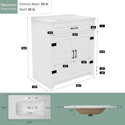 24 Inch Bathroom Vanity with Sink, Small Bathroom Sink Cabinet with 2 Barn Doors, White Single Sink Bath vanities Combo (19" D x 24" W x 36" H)