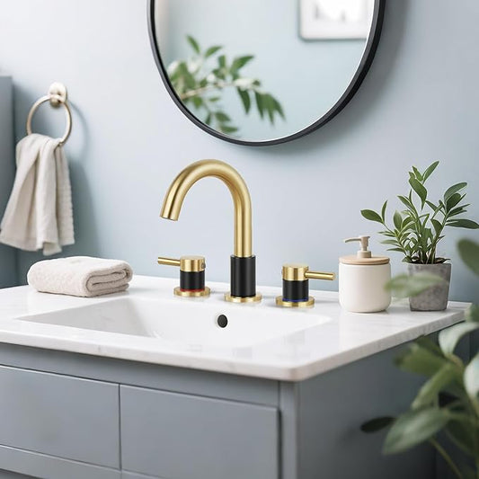 Bathroom Faucet 3 Hole, Brushed Gold and Black Bathroom Sink Faucet with Pop Up Drain, 8 inch Widespread Bathroom Faucet with 360Β° Swivel Spout, 2 Handle Vanity Faucet with Water Supply Hoses