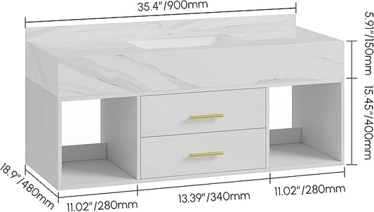 KunMai 35.4" White Floating Bathroom Vanity with Sink – Modern Wall Mounted Bathroom Cabinet with Sintered Stone Countertop, Soft-Close Drawers, Space-Saving Vanity for Small Bathrooms