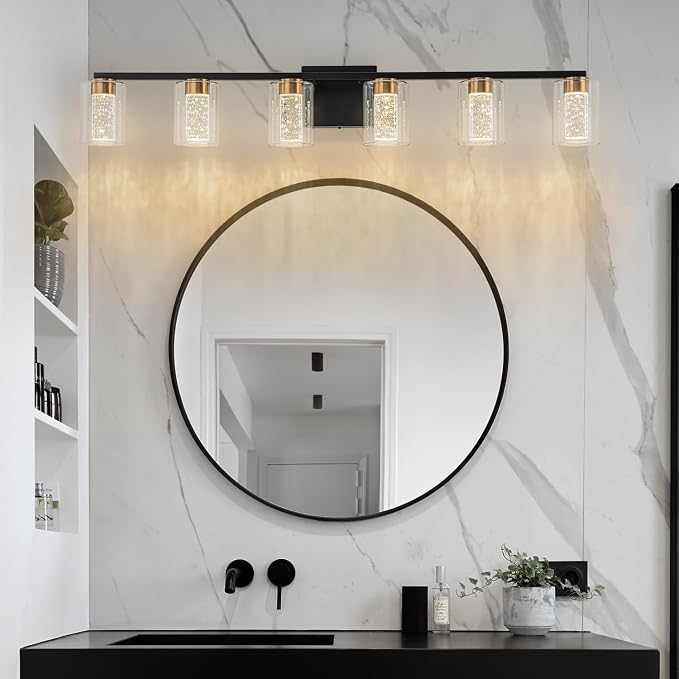 SineRise 6-Light Black and Gold Vanity Light with 3 Color Modes (3000K/4000K/6000K), Eye Protection LED Bathroom Light Fixture, Dimmable Modern Wall Light Over Mirror with Clear Glass Shade