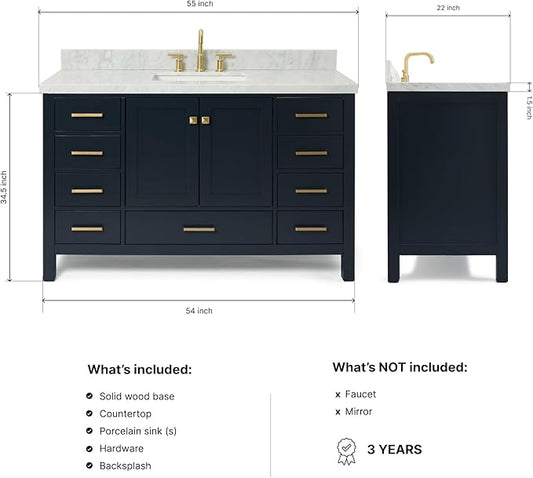 ARIEL Cambridge 54-inch Bathroom Vanity with Sink,Solid Wood, 1.5-inch Italian Carrara Marble Countertop, Single Rectangular Porcelain Sink, 2 Soft Closing Doors, 9 Dovetail Drawers, Midnight Blue