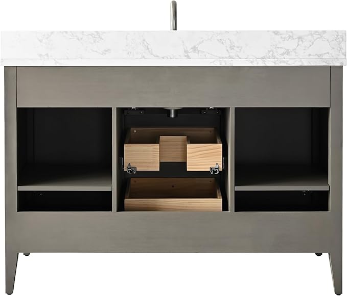 HOMEBEYOND 48" Bathroom Vanity with Sink, Solid Wood Bathroom Vanity Free-Standing Cabinet, Drawers, Ceramic Top & Soft Closing Door, Golden Brushed Handware, Driftwood Gray