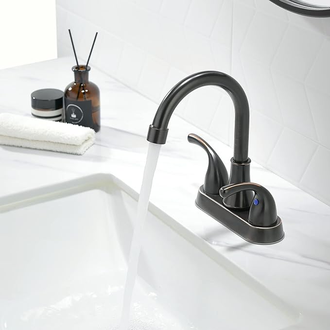 Oil Rubbed Bronze Bathroom Sink Faucet 4 Inch Faucet 2 Handle with Pop-up Drain Stopper and Supply Hoses(Set of 2)