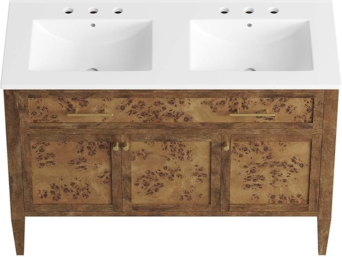 Modway Elysian 48" Burl Wood Double Bathroom Vanity in White Brown with Ceramic Sink Basin