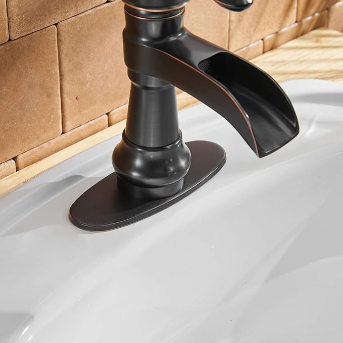 BWE Bathroom Sink Faucet Oil Rubbed Bronze Waterfall Bathroom Faucets for Sink 1 Hole Single with Pop Up Drain Assembly and Supply Hose Single Handle Farmhouse Vanity Bath Faucet