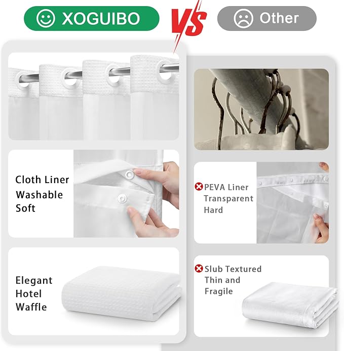 No Hook Shower Curtain with Liner Set Hotel Waffle Curtain White 78W X 75L | Washable Snap in Fabric Liner, Mesh Top Window, Waffle Hotel Style Shower Curtain Set