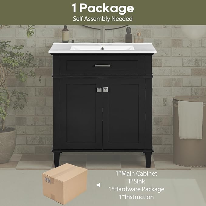 Favfurish 30" Bathroom Vanity with Ceramic Sink,Undermount Single Basin Bath Vanity Set w/2 Soft-Close Doors and Adjustable Shelf,Modern Freestanding Storage Cabinet,Solid Wood Frame,Black