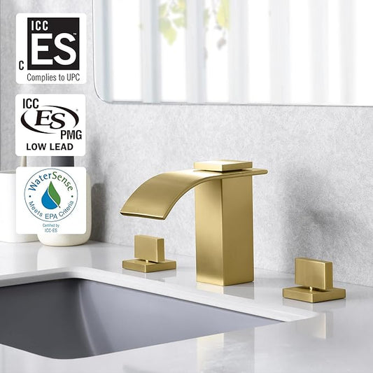 SUMERAIN Brushed Gold Waterfall Bathroom Faucet 3 Hole 8 Inch Widespread Bathroom Sink Faucet