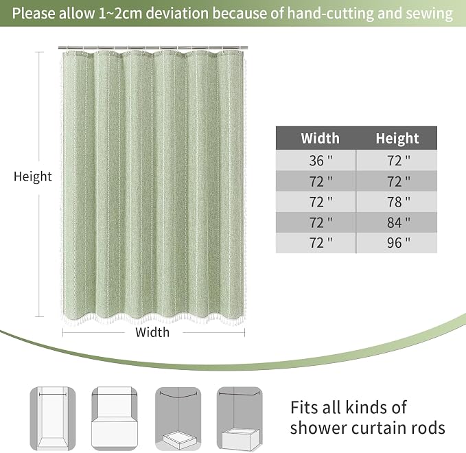 Boho Farmhouse Tassel Linen Shower Curtain,3D Embroidery Stripe Sage,72x72 | 310GSM Striped Texture Heavy Duty Cloth,Water Repellent,Wrinkle Resistant,Vintage Rustic Country design,12 Plastic Hooks