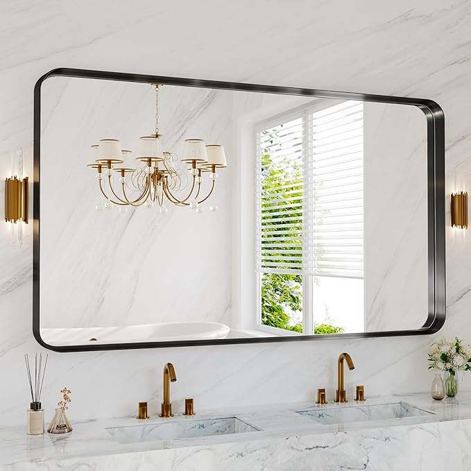 60x36 Inch Bathroom Mirror for Wall, Matte Black Metal Framed Vanity Mirror | for Restroom Farmhouse, Anti-Rust, HD Tempered Glass, Hangs Horizontally or Vertically