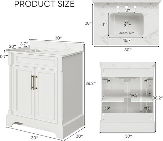 LIKIMIO 30" Bathroom Vanity with Sink, Freestanding Bathroom Vanity with 2 Soft-Close Doors, Engineered Stone Countertop & Undermount Ceramic Sink, Transitional Bathroom Vanity, Easy Assembly, White