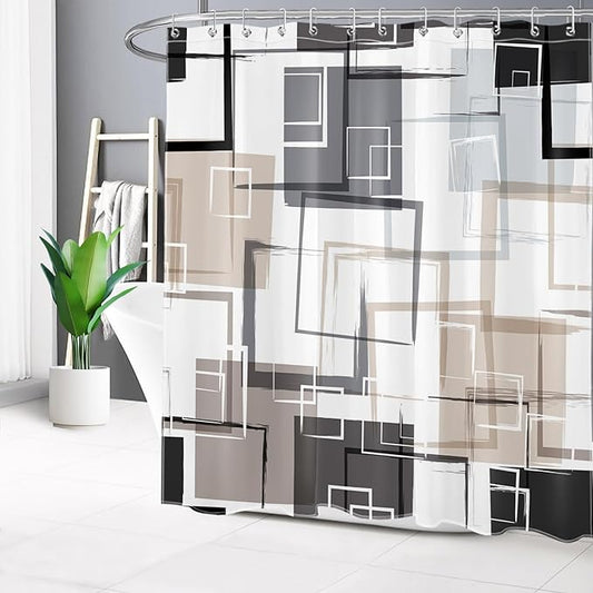 Tan Abstract Geometric Shower Curtain Sets with Rugs, Grey Black and White Geometric Textured Bathroom Curtain 70L X 70W Inches Polyester Fabric Bathroom Decoration Shower Curtain Set