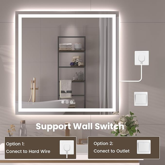 Snowdool 40 x 28 in LED Bathroom Mirror, Front and Backlit, Anti-Fog | Front and Backlit, 3 Color Temperatures, Anti-Fog, Tempered Glass