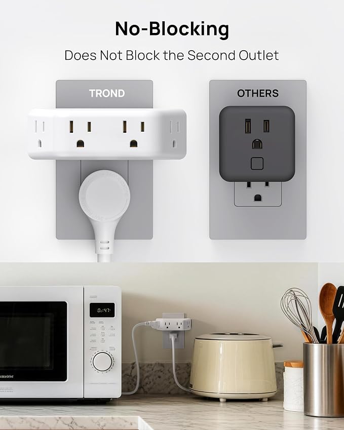 TROND Multi Plug Outlet Extender 2 Pack, Surge Protector Outlet, White | 4 Grounded Sockets, 3 Way Angled Plug Splitter, Space-Saving, 900J, Multiple Wall Adapter for Home Office Travel Dorm Room