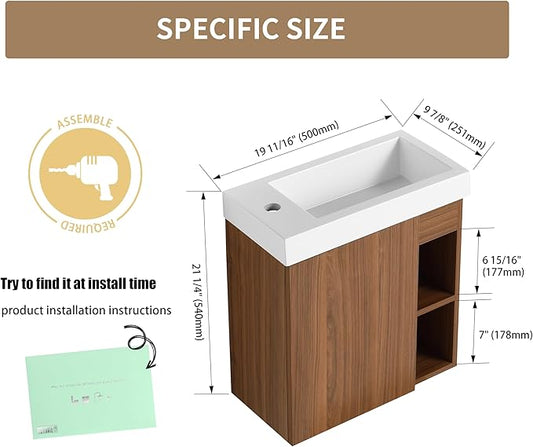 20 Inch Wall Mount Bathroom Vanity, 20'' Floating Bathroom Vanity with Sink, Single Sink Cabinet Combo, Modern Storage Cabinet, with Soft Closing Doors and Storage Shelf, 07520