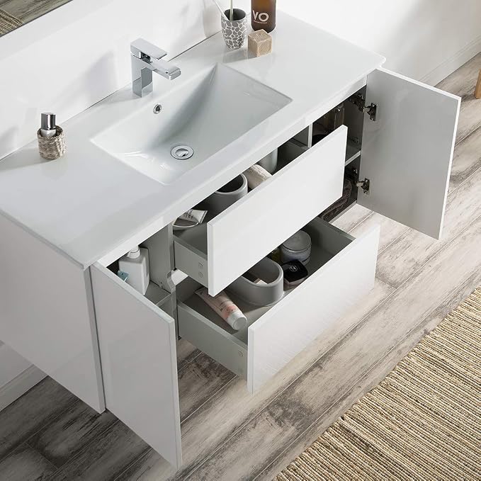 Blossom 48 Inch Bathroom Vanity with Sink, Wall Mounted All-Wood Floating Bathroom Vanity Cabinet with Ceramic Sink, Vanities for Bathroom, 2 Doors & Soft-Closing U-Shaped Drawers, Glossy White