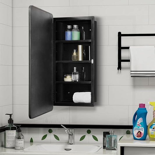 Fundin Black Plastic Medicine Cabinet, Mirror Door with Round Corner Metal Frame, Recessed and Surface Mount Bathroom Wall Medicine Cabinet, 16 x 28 inch Mirror Size