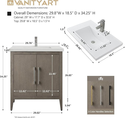 Vanity Art 30 inch Bathroom Vanity with Single Sink & Ceramic Top, Vanity Cabinet with Soft-Closing Doors, Solid Wood Frame, Driftwood Gray, VA9030-DG-BN1