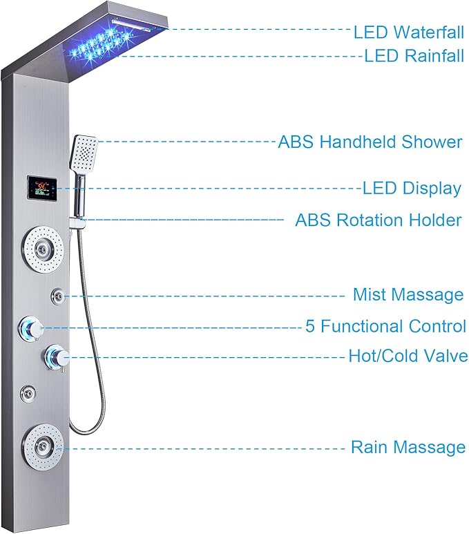 ELLO&ALLO LED Rainfall Waterfall Shower Head Rain Massage System with Body Jets Stainless Steel Bathroom Shower Panel Tower System, Brushed Nickel