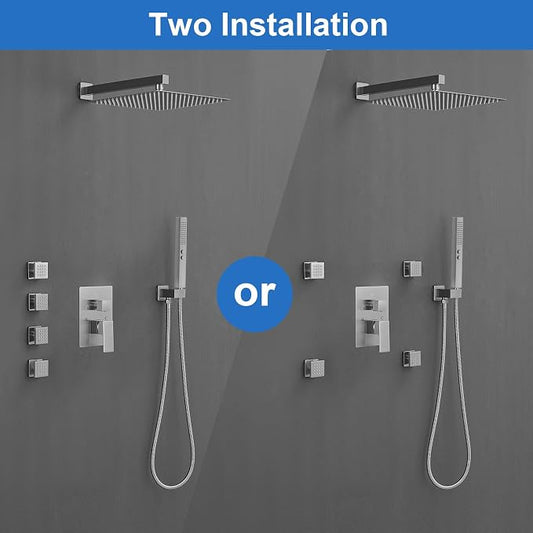 RUMOSE Rainfall Shower System with 4 Full Body Jet 4 Mode Shower Faucet Set | 12 Inch Rain Shower Head, 2 in 1 Handheld Spray, Brushed Nickel Brass Shower Jet Shower Fixtures, Wall Mounted