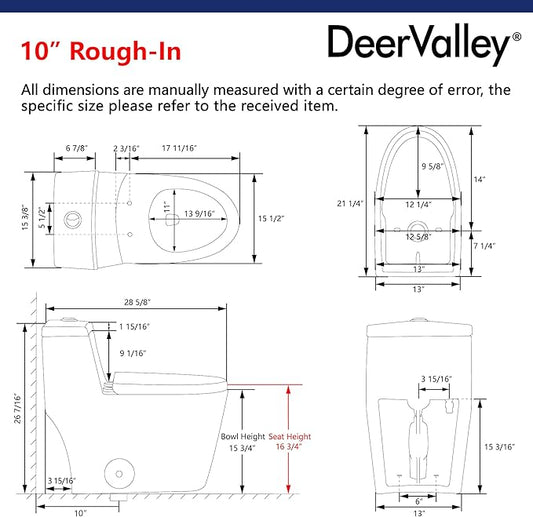 One Piece Toilet DeerValley 10" Rough-In Toilet for Bathroom 1.1/1.6 GPF Dual Flush Standard Bathroom Toilet with Soft-Closing and Quick-Release Seat DV-1F52816R