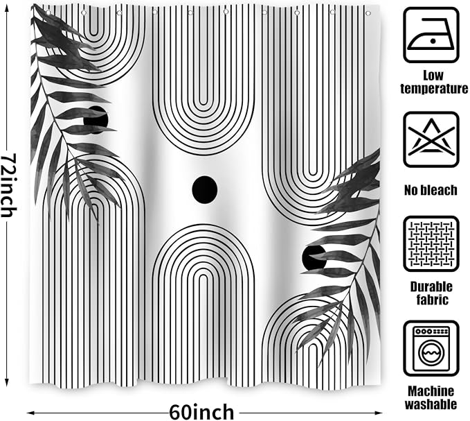 Boho Mid Century Modern Shower Curtain, Abstract Arch Leaf Minimalist Sun Black and White Machine Washable Waterproof Fabric for Bathroom Bathtub with Hooks 60Wx72H
