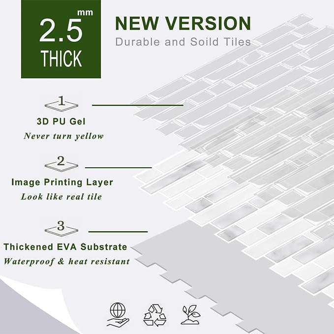 STICKGOO Thicker Peel and Stick Backsplash Tile for Kitchen and Bathroom | 10 Sheets of 12”×12” - 3D Vinyl Self Adhesive Wall Tiles Stick on Backsplash for Kitchen & Bathroom(Marble Grey&White)