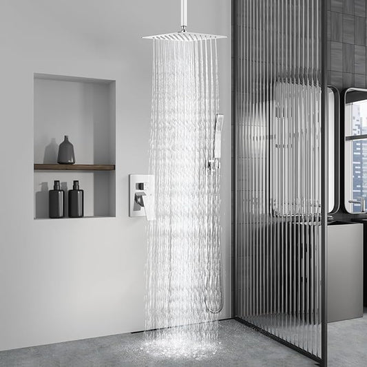 Aolemi Ceiling Shower Faucet with Handheld 12 Inch Head Polish Chrome | Shower Valve and Trim Kit,SUS304 Rain Head and Handle Set System,All Metal,Bathroom, Handheld Spray