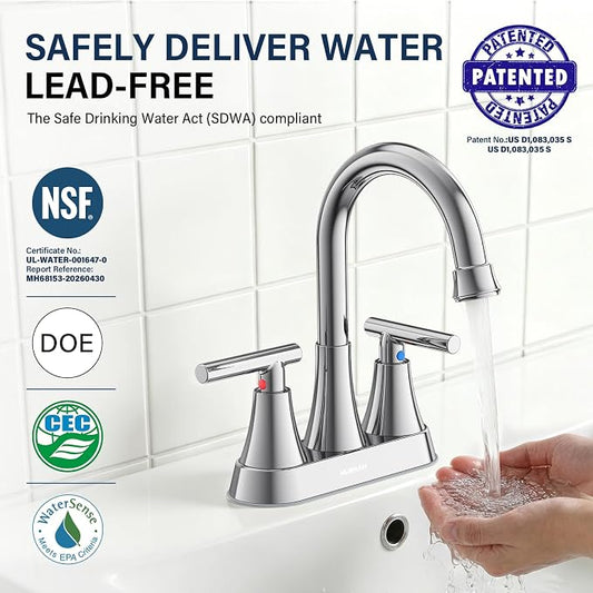 Bathroom Faucets, Hurran 4 inch Centerset 2-Handle Lead-Free, Chrome | Bathroom Sink Faucet with Pop-up Drain and Supply Lines, Stainless Steel Faucet for Vanity RV Restroom Laundry, 2 Pack
