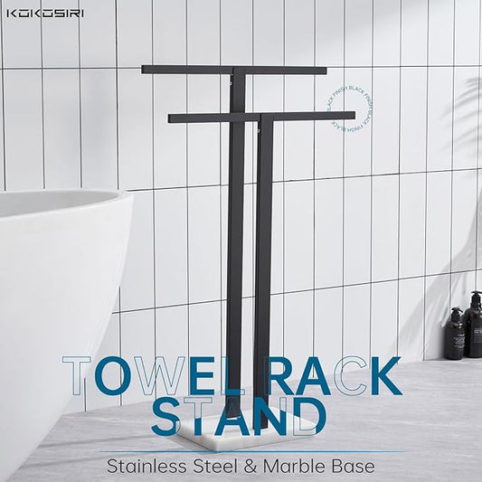 KOKOSIRI Bathroom Towel Racks 2-Tier Standing Towel Bars with Marble Base, Stainless Steel Freestanding Towels Holder, Thicken Steady Design, Matte Black THS0003-BK