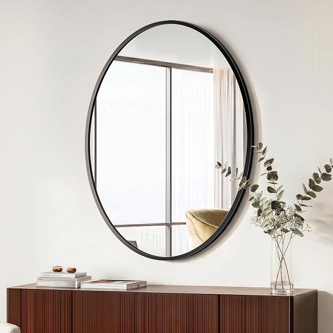 Black Oval Bathroom Mirror for Wall, 24"x32" Bathroom Vanity Mirror | HD Shatterproof Glass, Metal Framed, Oval Vanity Mirrors for Bathroom, Bedroom, Living Room, Entryway, Horizontal or Vertical