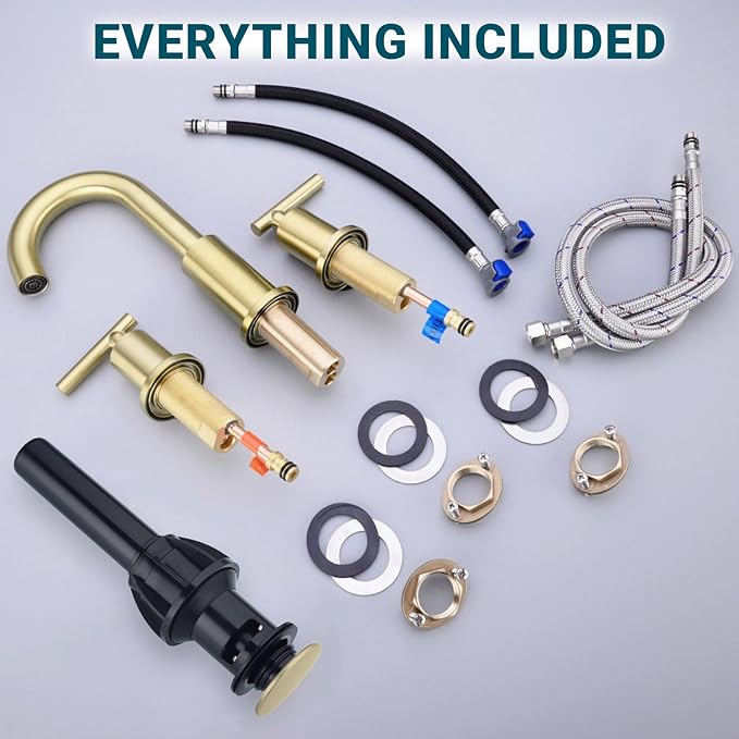 TRUSTMI Bathroom Faucet 3 Hole Brushed Gold - 8 Inch Widespread Brass Bathroom Vanity Sink Faucets in Gold with Swivel Spout, Include Overflow Drain and cUPC Supply Lines