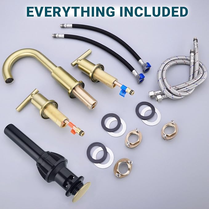TRUSTMI Brushed Gold Bathroom Faucet 3 Hole 8 Inch Widespread, Swivel Spout | Heavy-Duty Brass Construction, Includes Overflow Drain & cUPC Supply Lines, fits 3-Hole 6–12" Vanity Sinks, Easy to Install