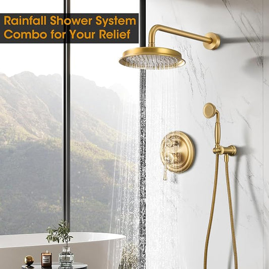 Shower System with Balance Pressure Valve, Antique, Luxury, Gold | 9 Inch Shower Faucet Set, High Pressure Shower Head, Shower Valve and Trim Kit, Wall Mount, Bathroom, Handheld Spray