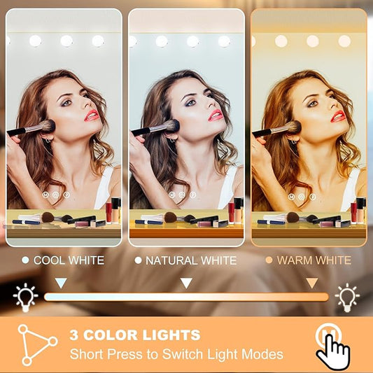 Moonee Gold Vanity Mirror with Lights, Hollywood Lighted Makeup Mirror with 18 Dimmable Bulbs and 10X Magnification, 3 Colors Modes, Aluminum Metal Frame, Light Up Mirror for Tabletop/Wall(32" x 24")