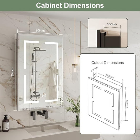 Medicine Cabinet, LED Mirror Cabinet for Bathroom with 3-Color with Mirror Defog, Recessed or Surfaced Wall-Mounted (20X30)