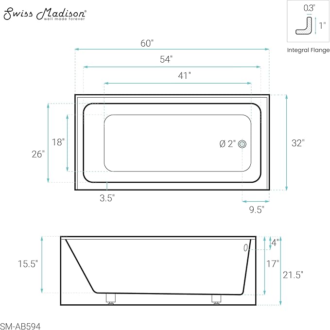 Voltaire 60" x 32" Right-Hand Drain Alcove Bathtub with Apron