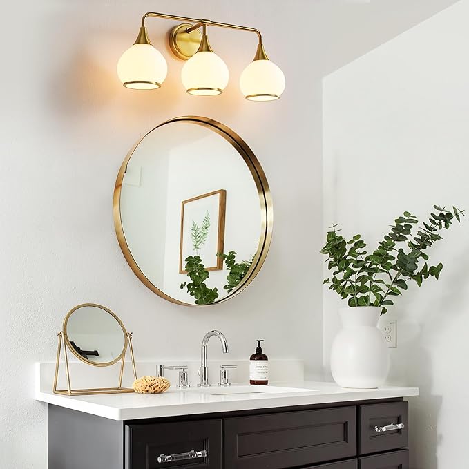 Brushed Gold Bathroom Light Fixtures 3-Lights Vanity Lights with Milky White Frosted Glass Shade Bathroom Vanity Light 22.4 inch Wall Sconce Lighting Bath(Exclude E26 Bulb)