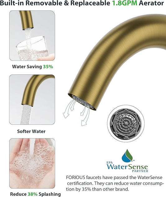 FORIOUS Brushed Gold Bathroom Faucet 1 Hole Single Handle 360ยฐ Swivel Gooseneck Spout, with Metal Pop Up Drain and cUPC Supply Line, Suitable for Wet Bar Kitchen RV Vanity Restroom