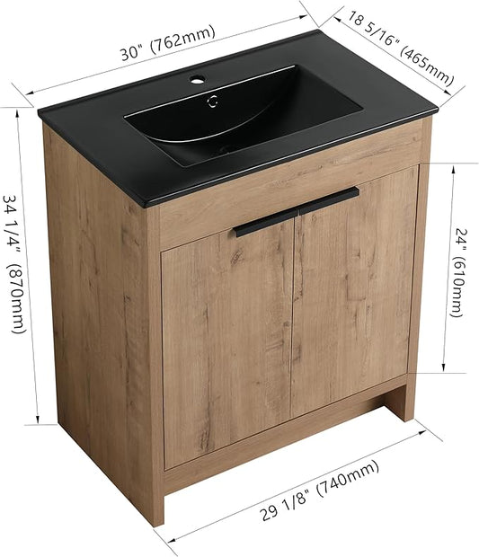 SSLine 30-Inch Bathroom Vanity with Sink Mid-Century Bathroom Vanities with Black Top Basin Floor Wood Bathroom Sink Cabinet with Soft-Close Doors & Adjustable Storage Shelves (Natural Brown)