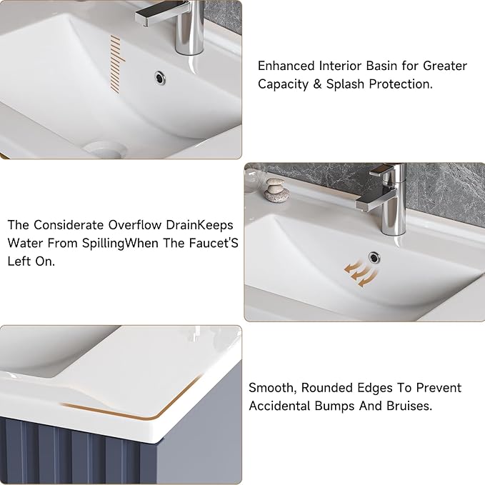 ONBRILL 30 Inch Bathroom Vanity with Sink Combo, Floating Bathroom Vanity with 2 Fluted Drawers & Metal Handle, Modern Wall Mount Storage Cabinet with Ceramic Integrated Sink for Small Space (Blue)