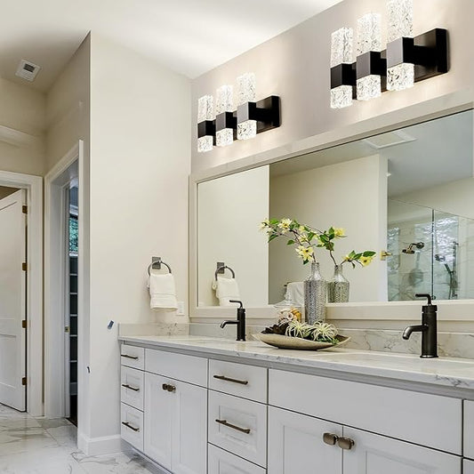 Modern Bathroom Lights - Bathroom Light Fixtures Over Mirror 30W Dimmable Crystal Wall sconces 3 Lights Black Brushed Hardwired Wall Lights 4000K LED Bathroom Vanity Light Fixtures