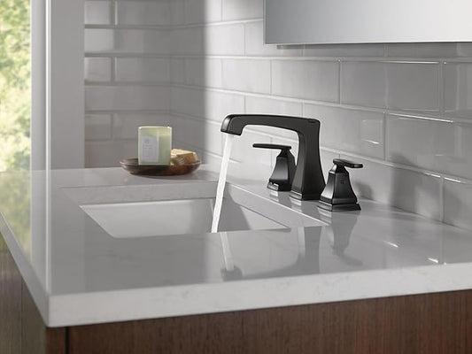Delta Ashlyn Matte Black Bathroom Faucet 3 Hole, 8 Inch Widespread Bathroom Sink Faucet for Vanity, Metal Push-Pop Drain Assembly, Matte Black 3564-BLMPU-DST