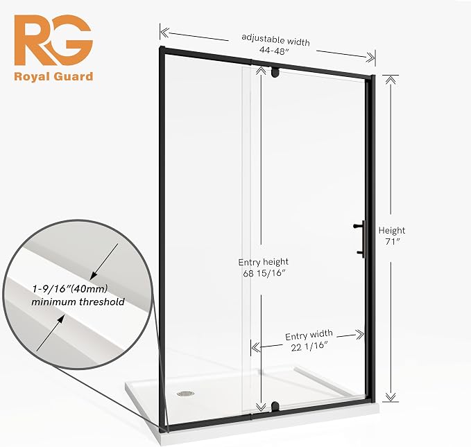 Royal Guard 44-48" W x 71" H Pivot Swing Glass Shower Door,Matte Black | Shower Doors with 4-Inch Adjustable Width, 6mm SGCC Tempered Glass, Reversible Installation,Magnetic Closing,Easy to Clearn