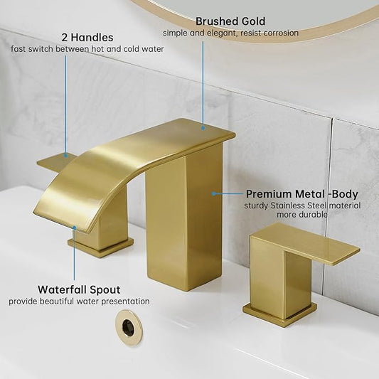 RUMOSE 8 inch Bathroom Faucets Set Brushed Gold Bathroom Sink Faucet 3 Hole with Pop Up Drain Widespread 2 Handles Stainless Steel Lavatory Vanity Faucet Waterfall Spout Deck Mounted